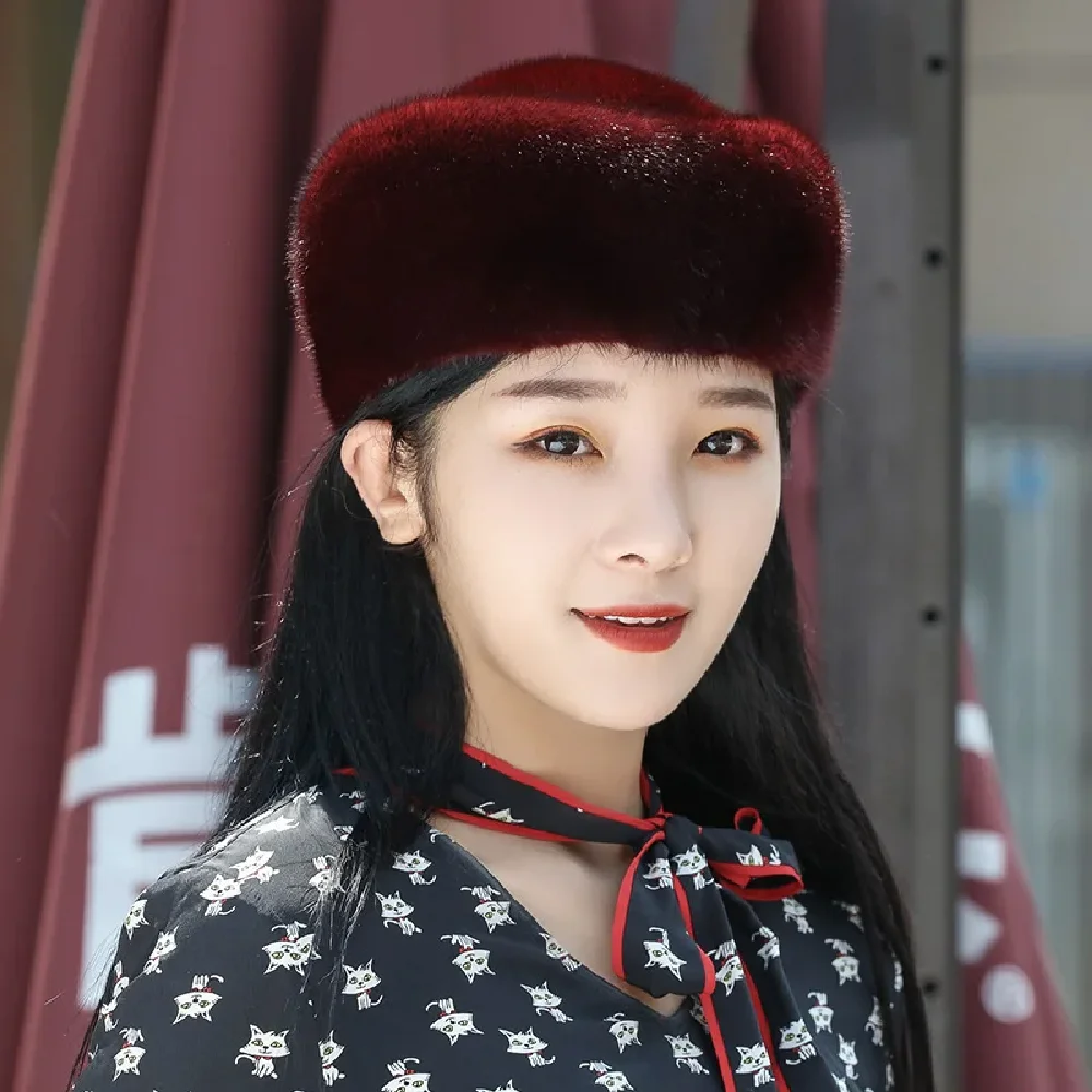 

Real Mink Fur Stewardess Hat Winter Warm Beanie Cap Bucket Hat Black Wine Red Beige