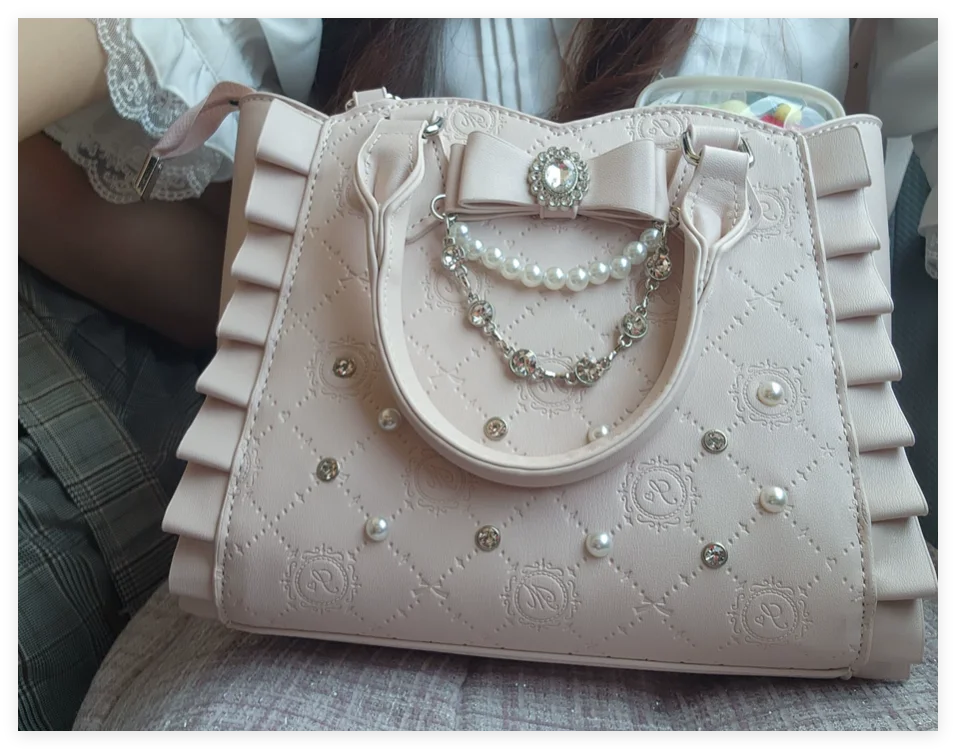Summer New Cute Handbag Pearl Rhinestone Messenger Bag Bow Shoulder Bag Women Backpack Japanese Mines Sweet Pu Tote Bag Girl
