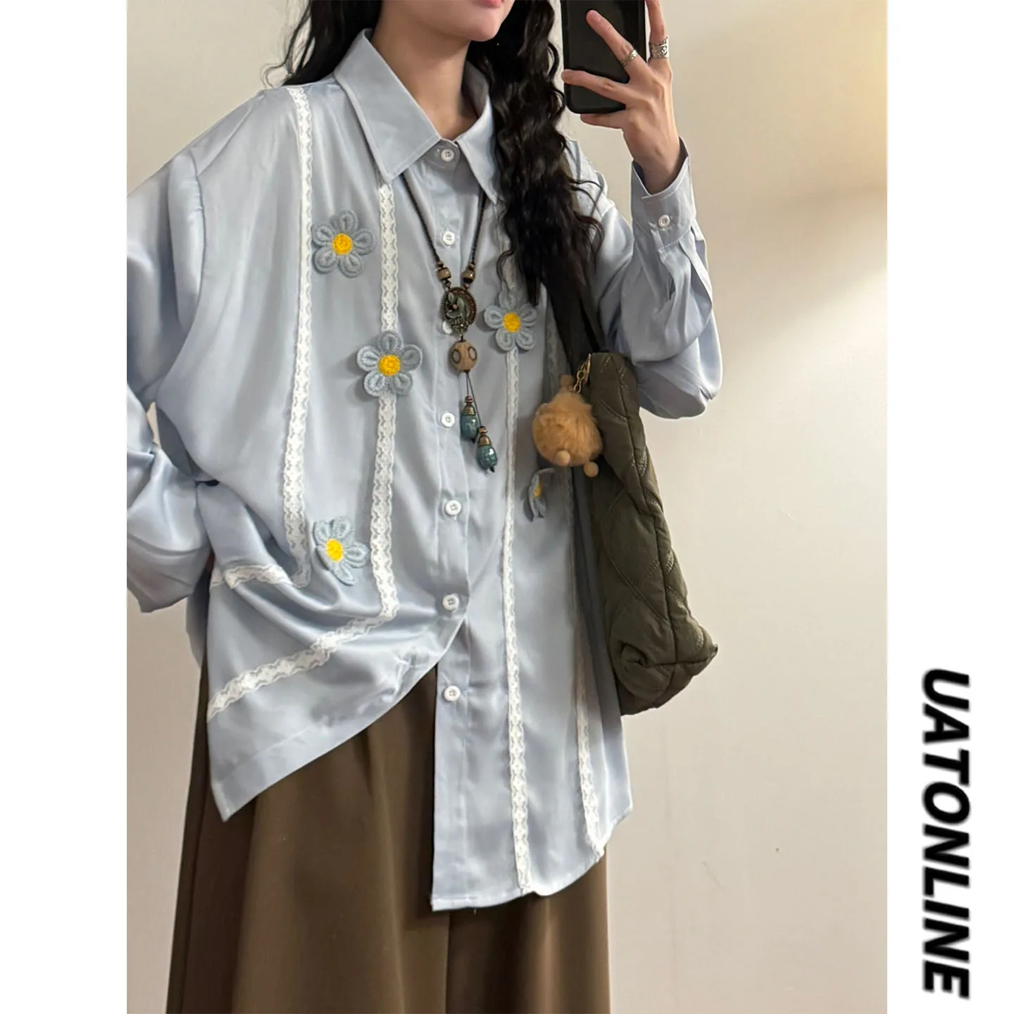 

UATONLINE2026 Весенняя американская ретро-рубашка с цветочным принтом, универсальная, свободного кроя, однотонная, с воротником, повседневная