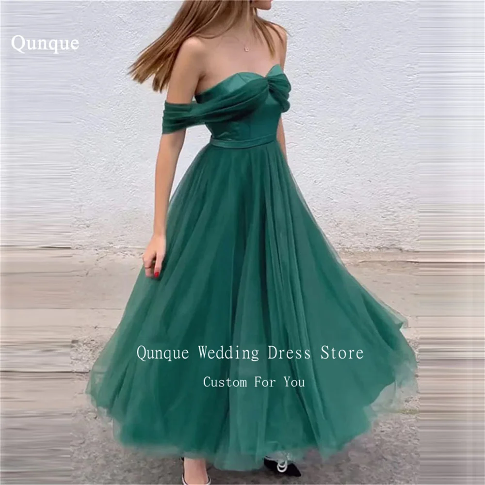 

Qunque Fashion Tulle Evening Dresses A Line Sweetheart Modern Prom Gowns Ankle Length Off The Shoulder Party Attire Customized
