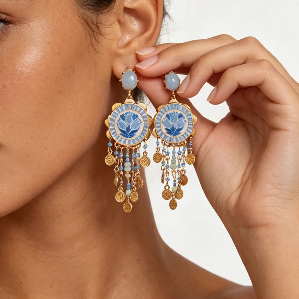 Women Boho Multi-tier Flower Dangle Earrings Vintage Court Design with Bold Beaded Tassels Graceful All-match Ear Ornaments