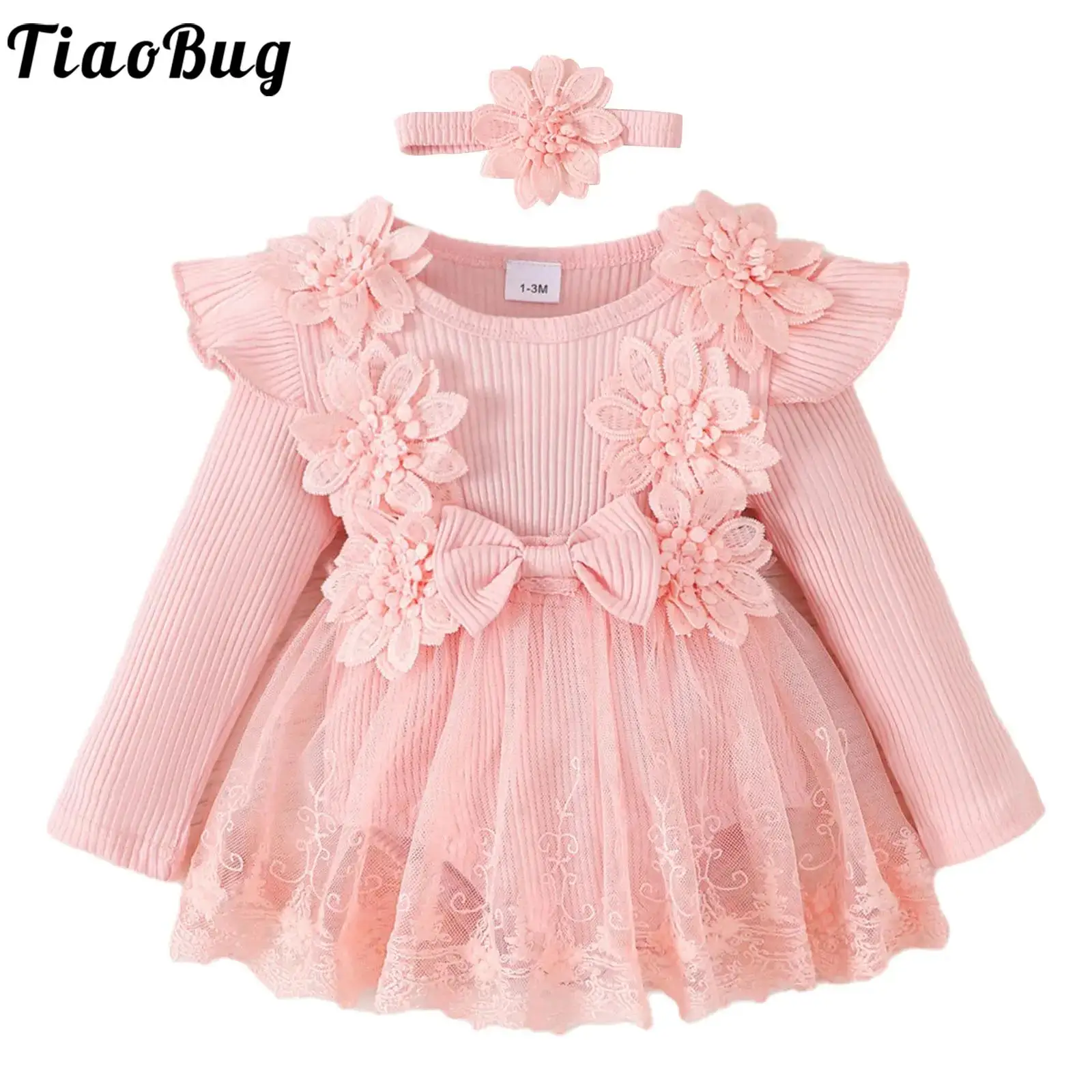 

Infant Baby Girls Flower Embroidery Tulle Rompers Dress Rib Knitted Bodysuit with Headband Fall Winter Party Festival Clothes