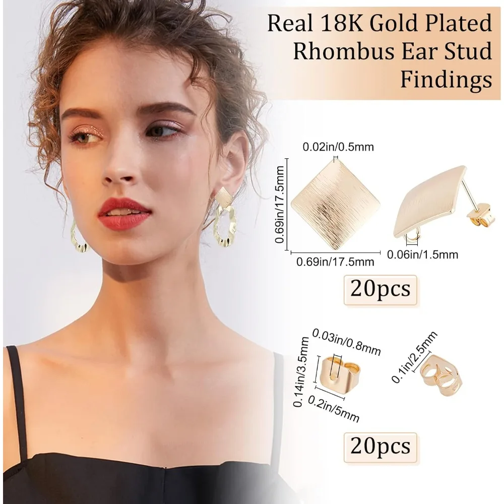 20Pcs/Box 18K Gold Plated Earring Findings Rhombus Posts Stud Earrings Components with Loop and 20Pcs Earring Backs