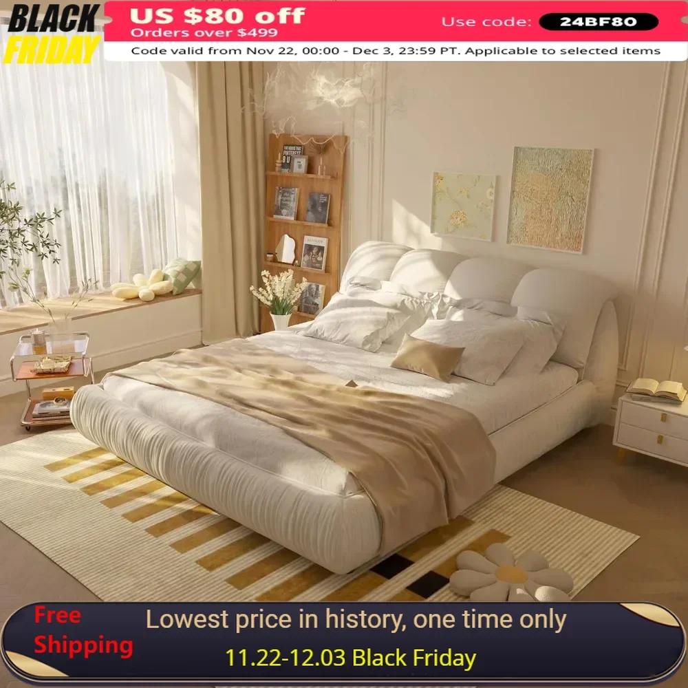 Queen Upholstered Platform Bed with Oversized Padded Backrest，Thickening Pinewooden Slats and Metal Leg，Bed Frame