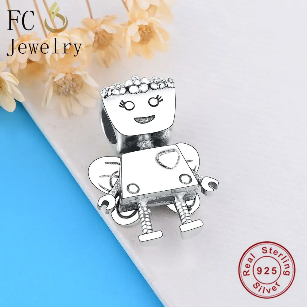 FC Jewelry Fit Original Brand Charms Bracelet Sterling Silver Girl Robot with Flower Butterfly Wing Beads Making Berloque 2019