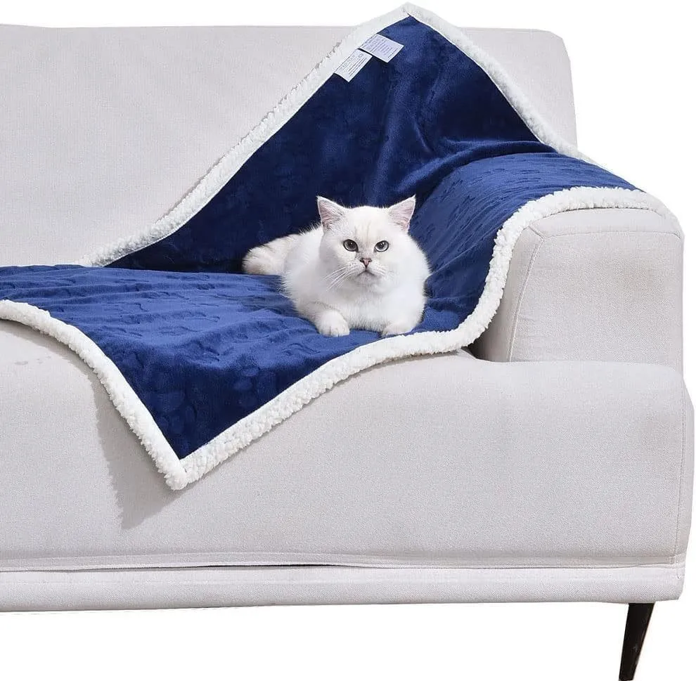 Pet Blanket Waterproof Flannel Sherpa Reversible Dog Cat Throw Mat for Sofa Couch Paw Print Soft Warm Plush Protector Washable view 6