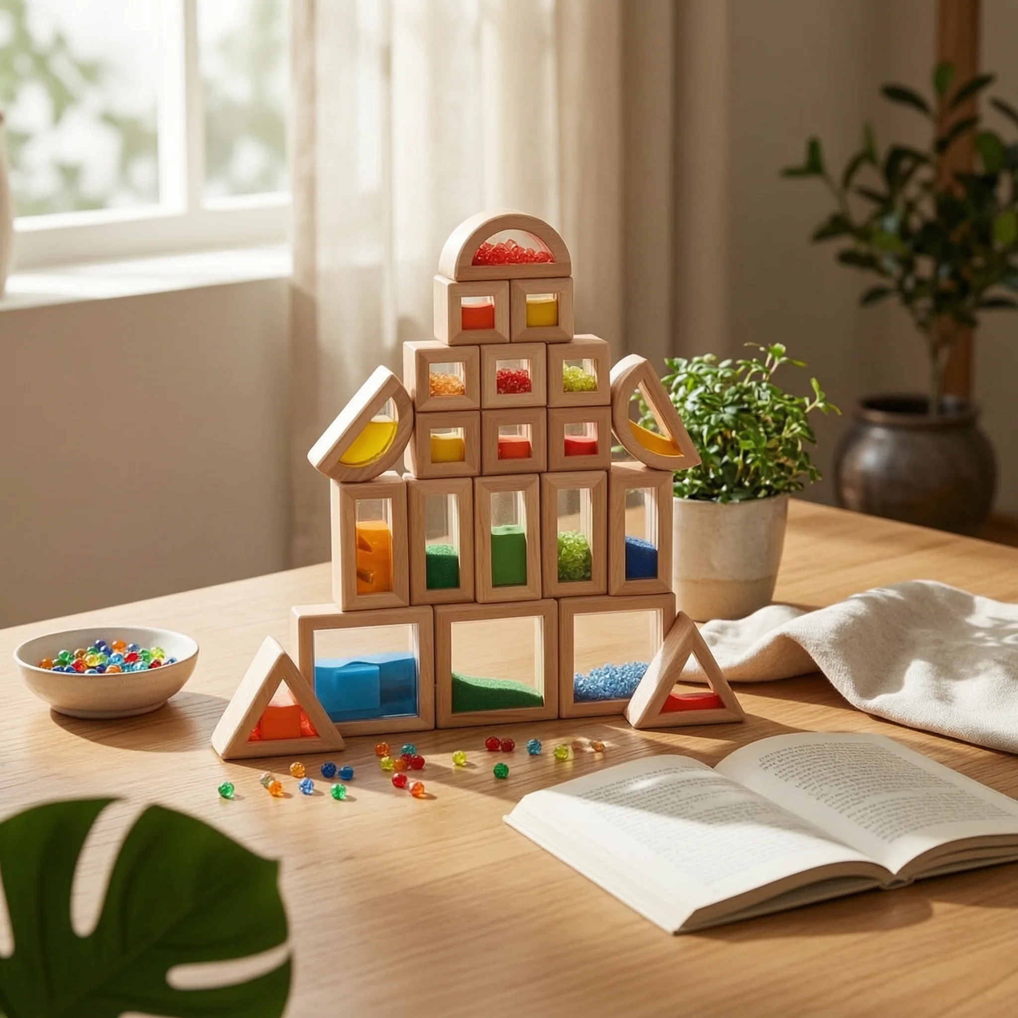 22 Pieces Wooden Sensory Blocks Colored Sand Geometric Stacking Blocks Transparent Block Set Beads Building Toy Open-Ended Play