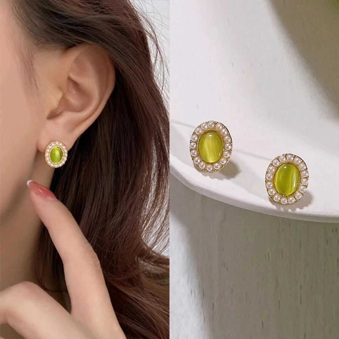 New Design Oval Opal Earrings for Woman S925 Silver Needle Korean Crystal Fashion Jewelry Gifts for Girls