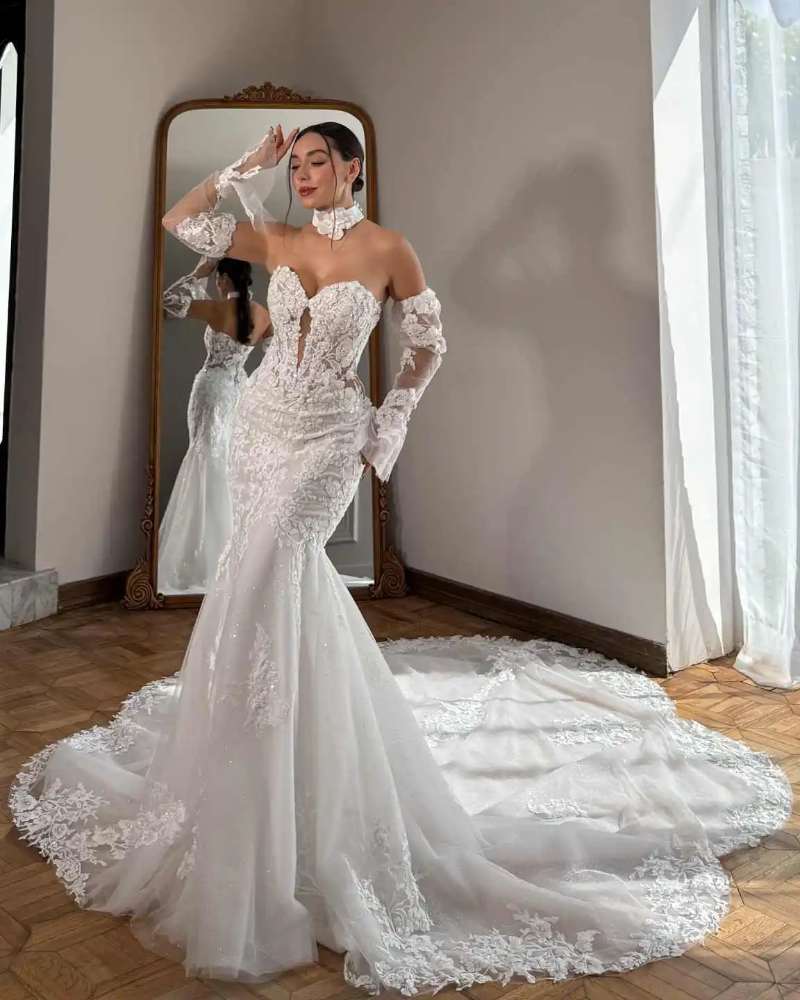 New Mermaid Wedding Dress Prom Gown V Neck Appliques 3D-Lace Flowers Tail Bridal Gowns vestido de novia Plus Size Customized