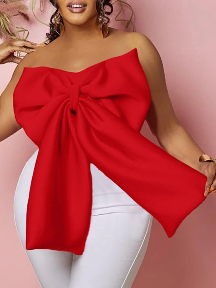 4XL 5XL LW Plus Size Christmas Butterfly Bow Tie Decor Blouse Fashion Chest-wrapped Sleeveless Solid Color Skinny Short Top