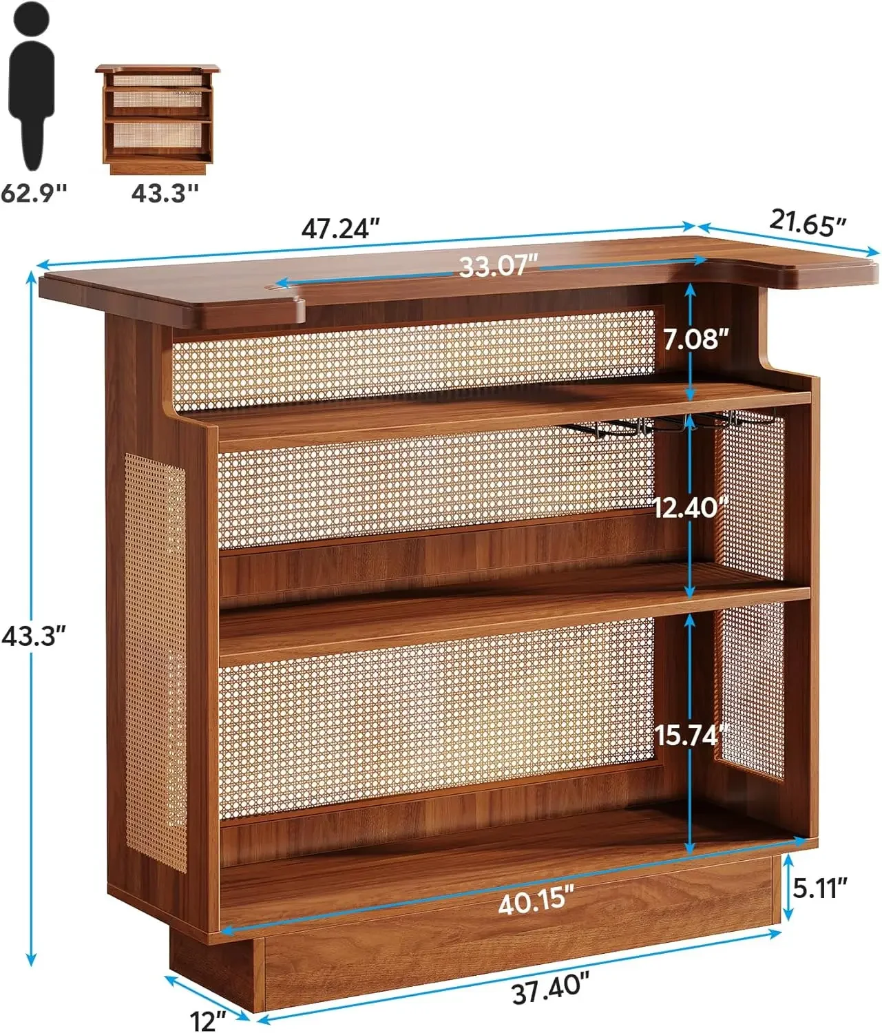 Rattan Home Bar Unit, Farmhouse 4-Tier  Table with 4 Stemware Racks and Heightened Base, Liquor Wine Bar Cabinet Mini  Tab