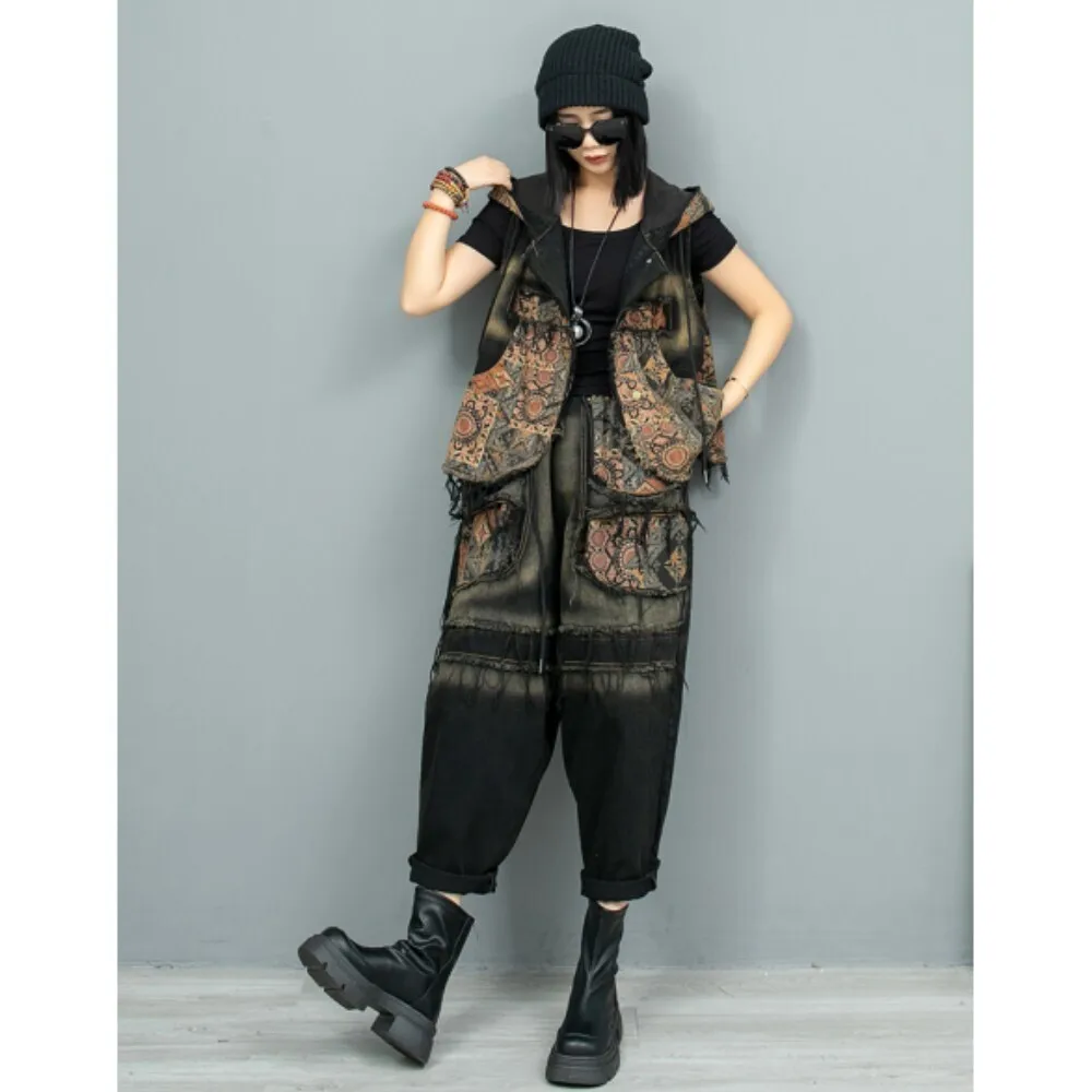 Personalized Vintage Printed Denim Hooded Irregular Vest + Harem Pants Two-piece Set Women 2024 Autumn Fashion Pant Set ZF221