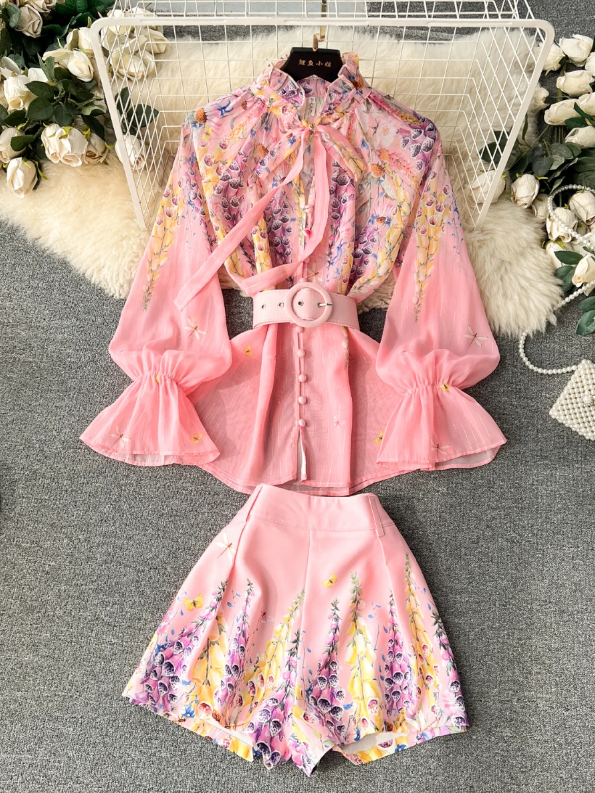 

Vintage Royal Floral Print Women Two-Piece Sets Puff Sleeve Slim Lady Shirts+High Waist Wide Leg Shorts 2024 New Summer Suits