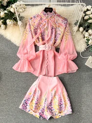 Vintage Royal Floral Print Women Two-Piece Sets Puff Sleeve Slim Lady Shirts+High Waist Wide Leg Shorts 2024 New Summer Suits