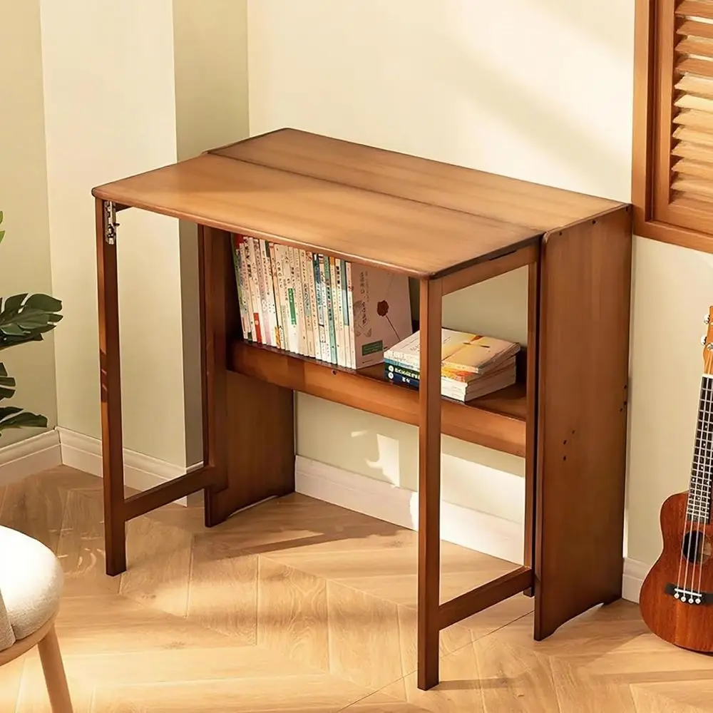 

41 Bamboo Folding Desk with Bookshelf, Space-Saving Computer Desk, Century Modern Study Table or Home Office, Bedroom, Small Spa
