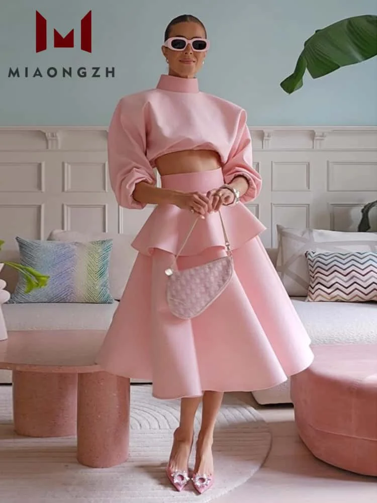 

High Quality Pink Elegant 2 Pieces Set Women's Stand Neck Long Sleeves Top + High Waist Spliced Ruffles Skirt Female Fashion New