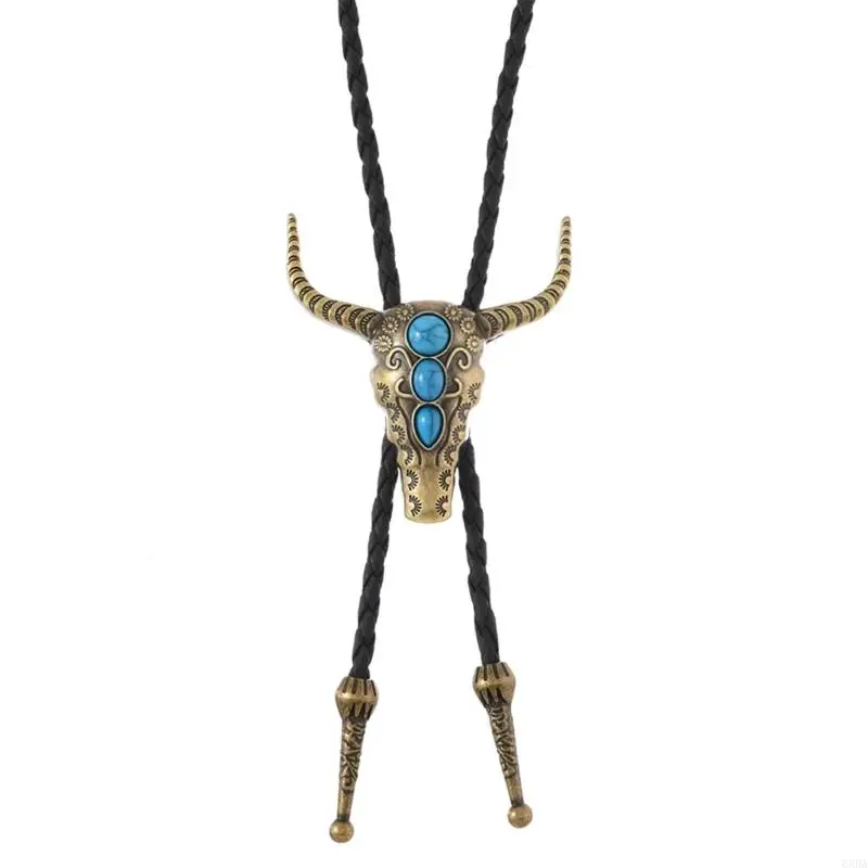 Carved Bullhead Bolo Tie Western Necktie Stone Lariat Necklace for Men Gentleman 6XDA