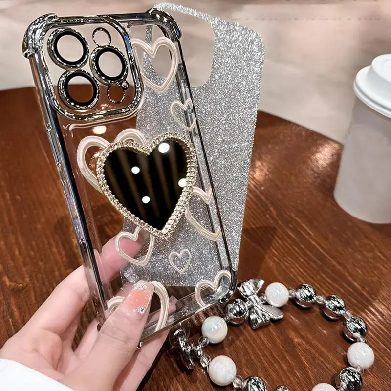 Airbag Wrist Strap Glitter Love Heart Mirror Phone Case On For Samsung Galaxy A13 A14 A15 A16 A23 34 A35 A36 A54 A55 4G 5G Cover