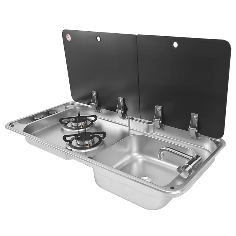 RV Gas Stove Two Burner Rectangular Stainless Steel Sink Combi with 2 Glass Lid 2.2KW 0.8MM Thickness for Car Kitchen