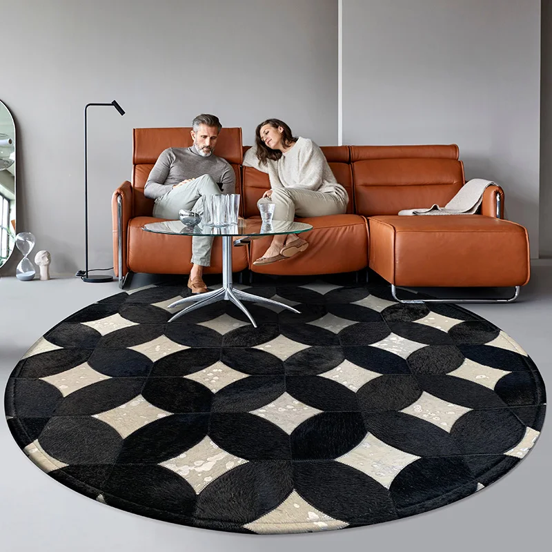 Simple Black Real Cowhide Round Carpet Living Room Light Luxury Coffee Table Mat Hotel Home Study Room Bedroom Bedside Rug Decor