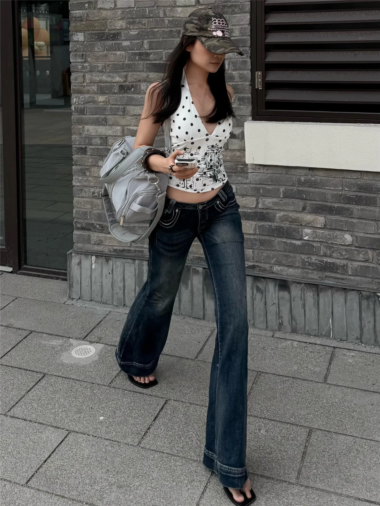

American Street Style Low Waist Bell Bottom Jeans Women Summer Slimming Washed Long Floor Length Pants Cotton Stretchy Casual