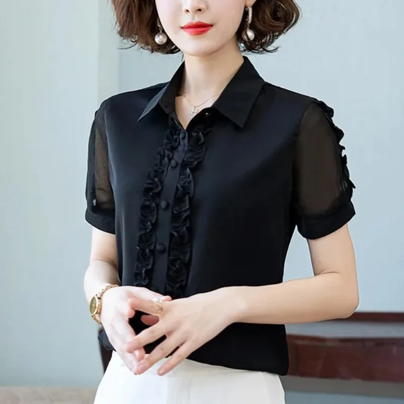 Clothing Gauze Solid Color Cardigan Chiffon Women\'s Button Lace Patchwork Short Sleeve Shirt Casual Elegant All-match Tops