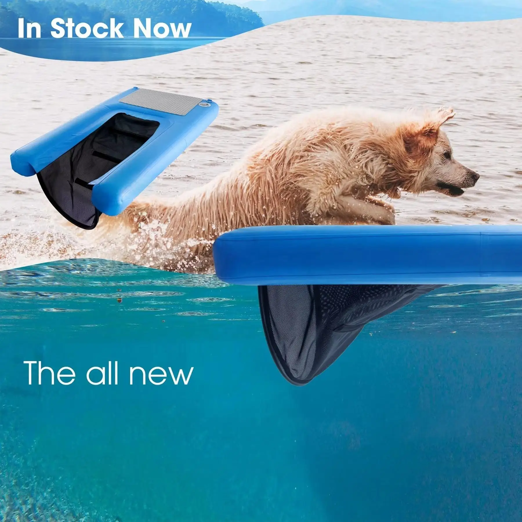 4x3 Feet Blue Dock Floating Exit Ramp Inflatable Dog Water Ramp Inflatable Pup Plank Platform With Ladder Steps for Swim Pools