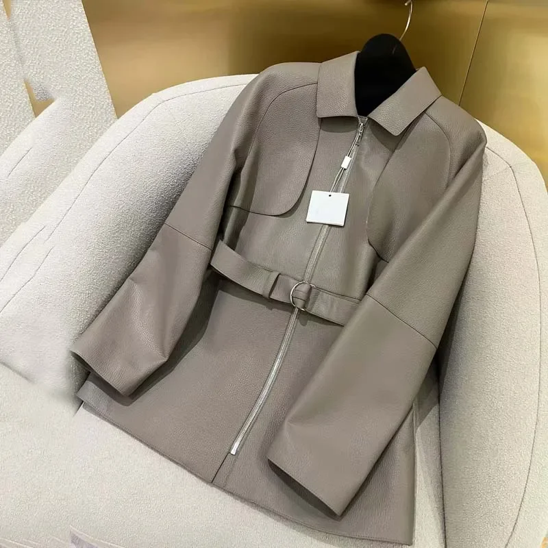 Abrigo de mujer primavera 2024 nueva llegada chaqueta de cuero genuino textura clara forro elegante estilo casual de alta calidad