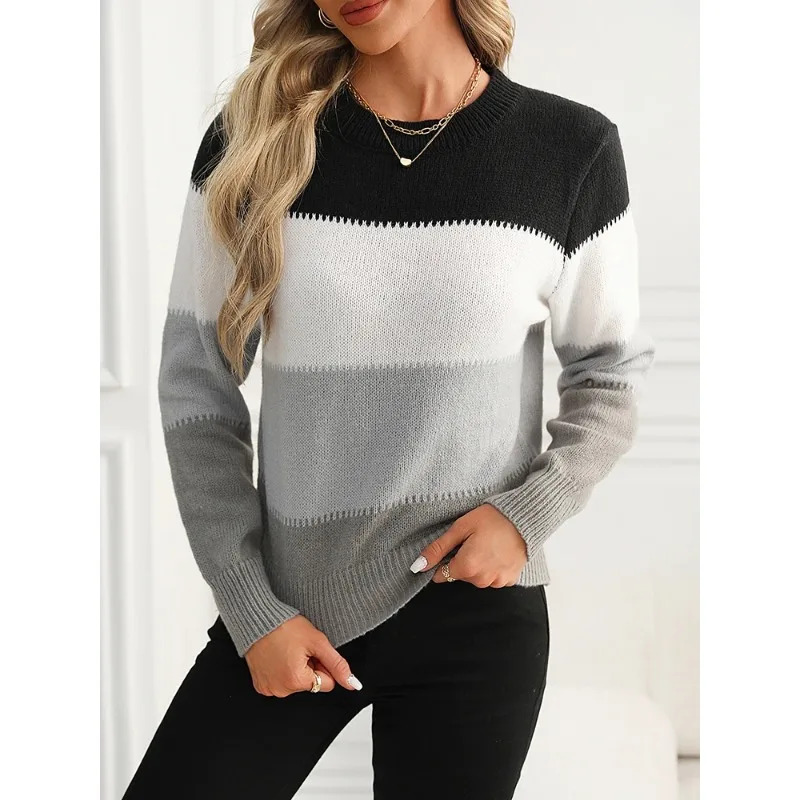 

Women's Soft Knitted Sweater, Contrast Color Pullovers, Basic Sweaters, Casual Fashion, Autumn, Winter Clothing Trend, 2024