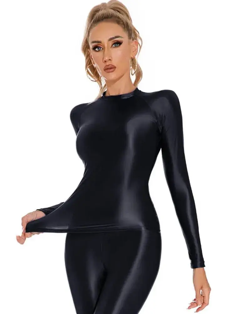 Glossy Shiny Elasitc Long Sleeve Shirt Women Fitness Gym Athletic Yoga Tshirt Tights Hot Sexy Tees Casual Crop Tops Bustier Top