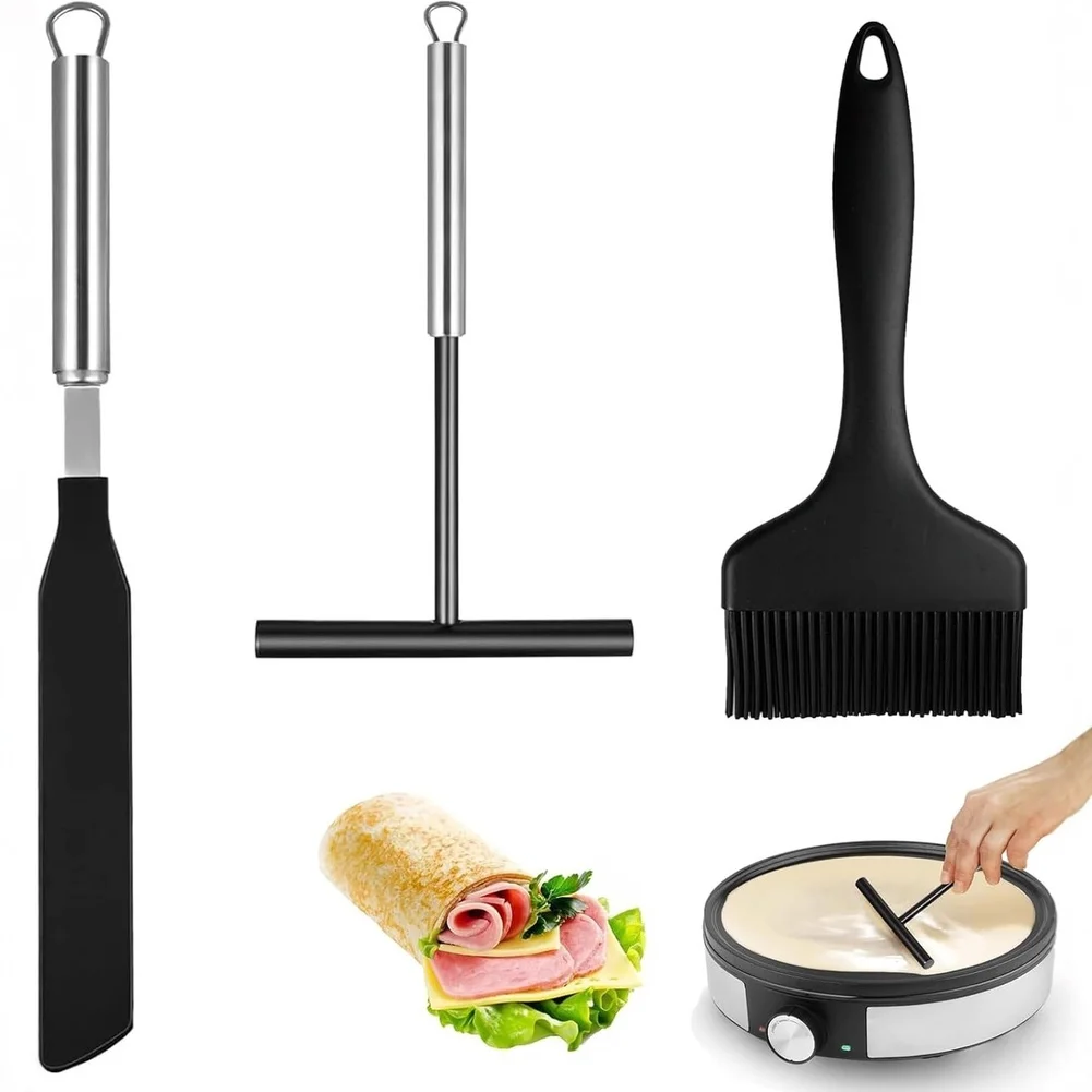 3Piece Crepe Spatula and Distributor Set for Pancakes Tortillas NonStick Silicone and Stainless Steel Easy Clean