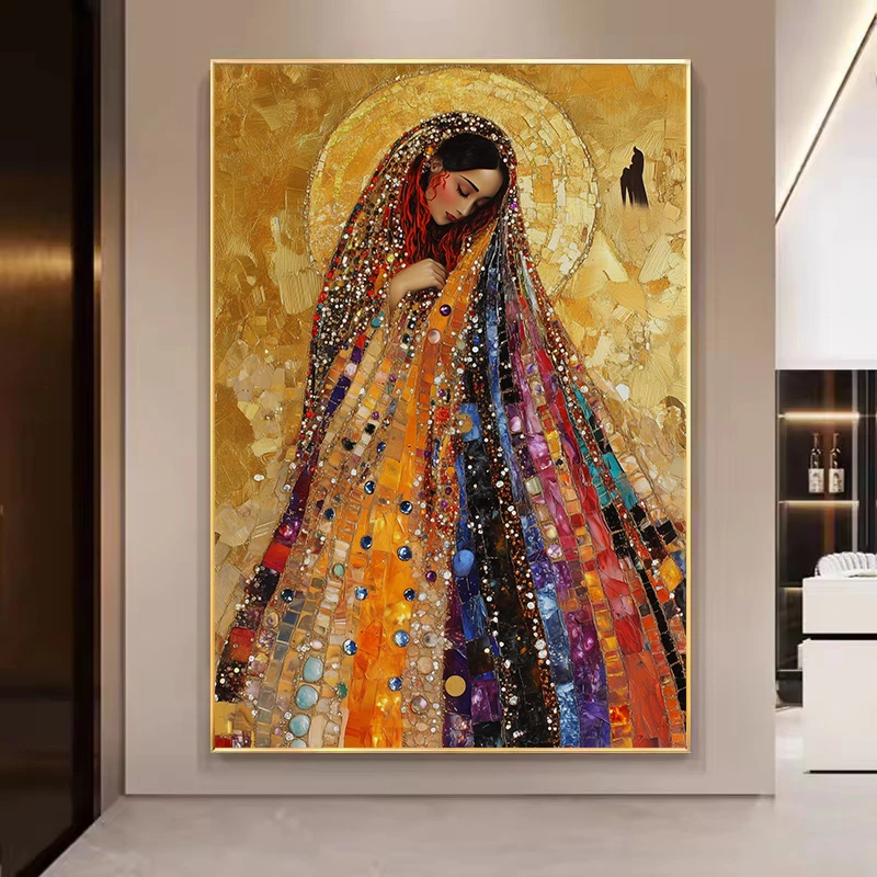 Divine Golden Halo Feminine Virgin Mary Sacred Goddess Mystical Poster Printed Canvas Painting Wall Art Pictures Home Decor
