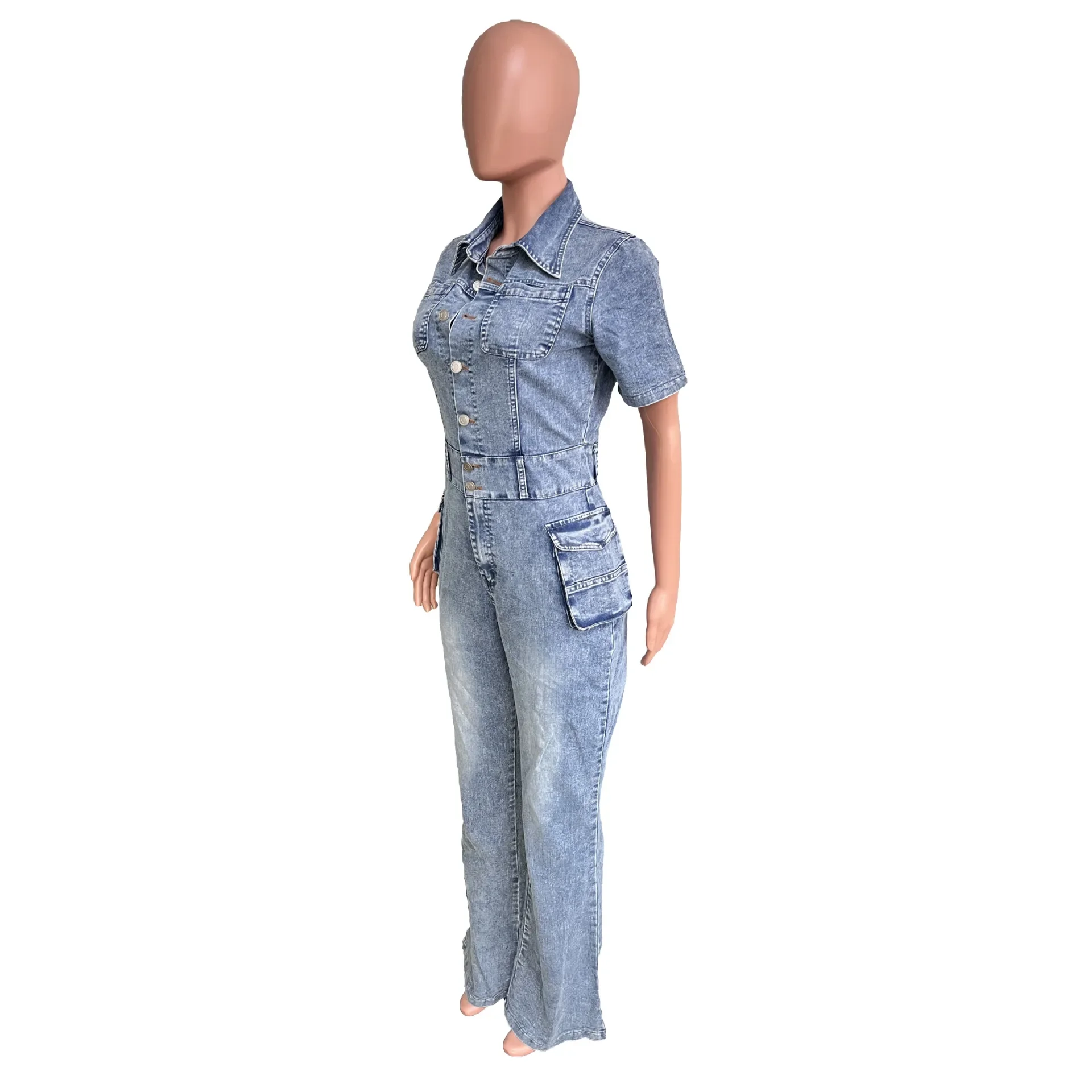 Dames Lente Nieuwe Mode Strakke Taille Slanke Elastische Gefrituurde Bloem Wash Denim Jumpsuit Met Korte Mouwen Revers Denim Wijd Uitlopende Broek Y 2K