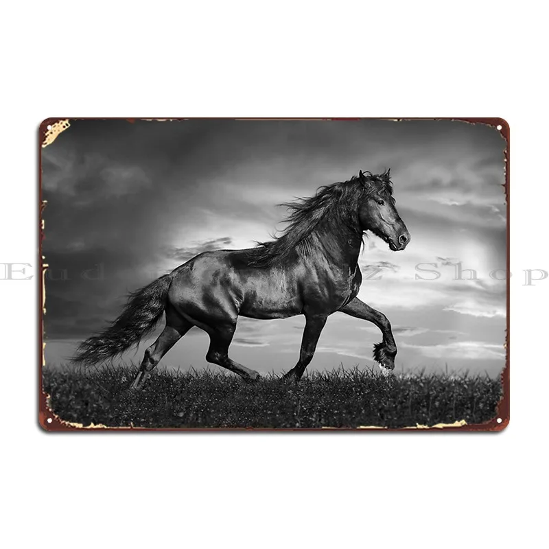 Black Friesian Stallion Prancing Through Field Metal Signs Pub Retro Plaques Designing Cinema Tin Sign Poster