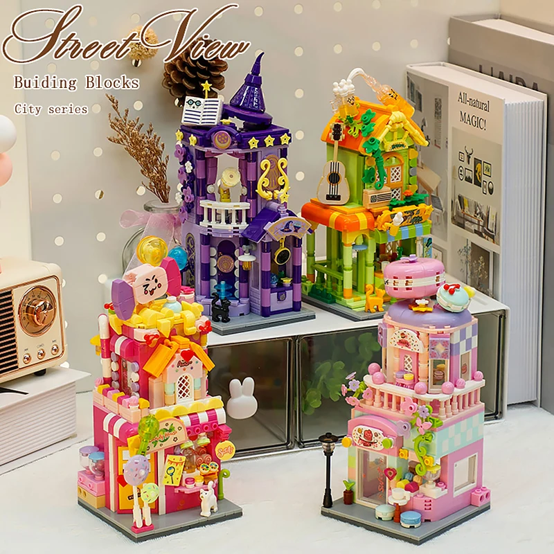 Mini Street View Building Blocks Macarons Candy shop Tarot House Bristro Models Decoration Assembly Bricks Gift Toy For Children