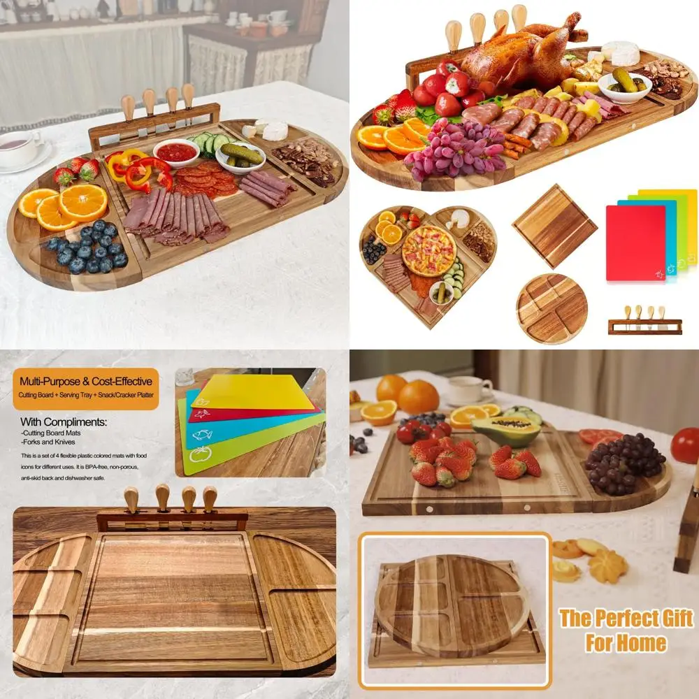 

Acacia Wood Charcuterie Board Set 26x13 Inches - Large Cheese Serving Tray with 4 Color-Coded Mats, Juice Groove for Entertainin