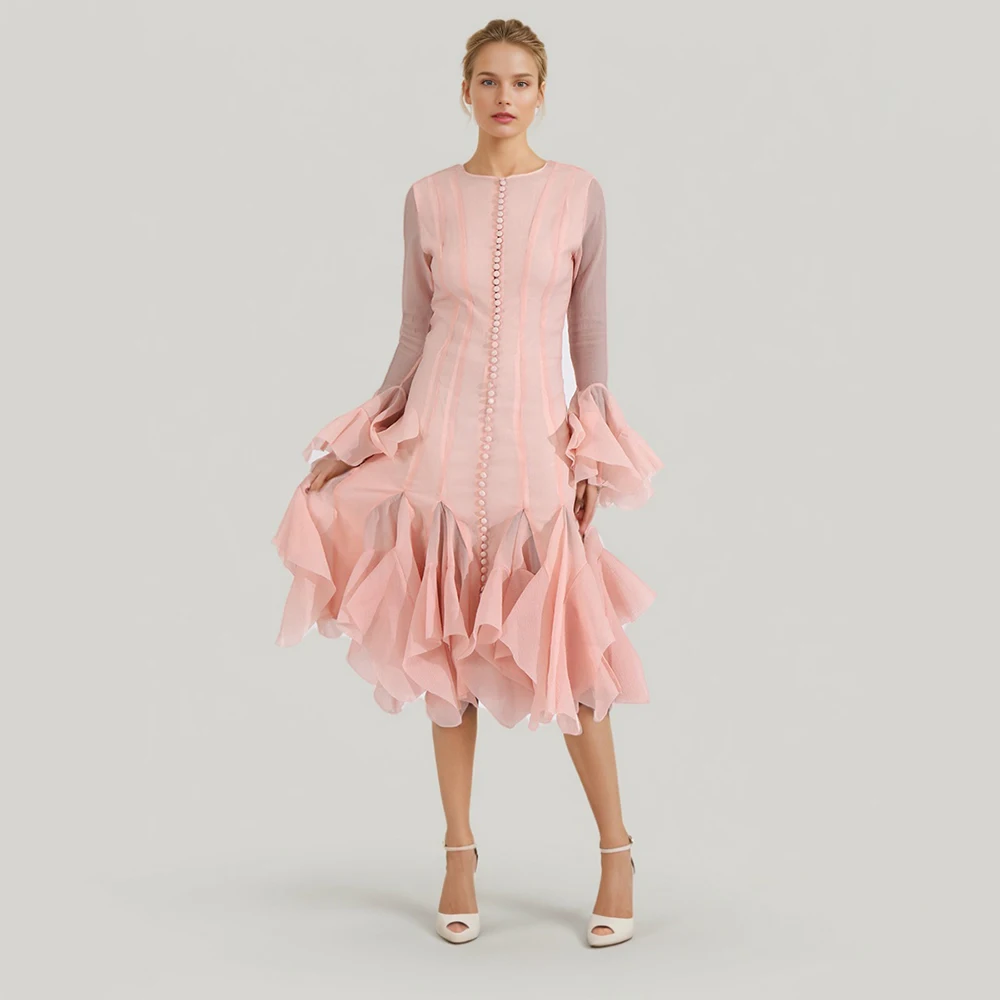 

Solid Spliced Button Slimming Dresses For Women O Neck Long Sleeve High Waist Patchwork Ruffles Female Fashion New