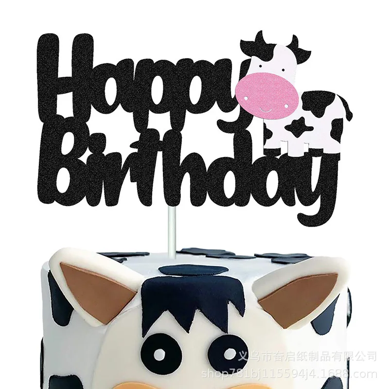 Cow Cake Topper Happy Birthday Cake Decoration Cupcake Toppers Farm Cow Theme Baby Shower Boys Girls Birthday Party Supplies