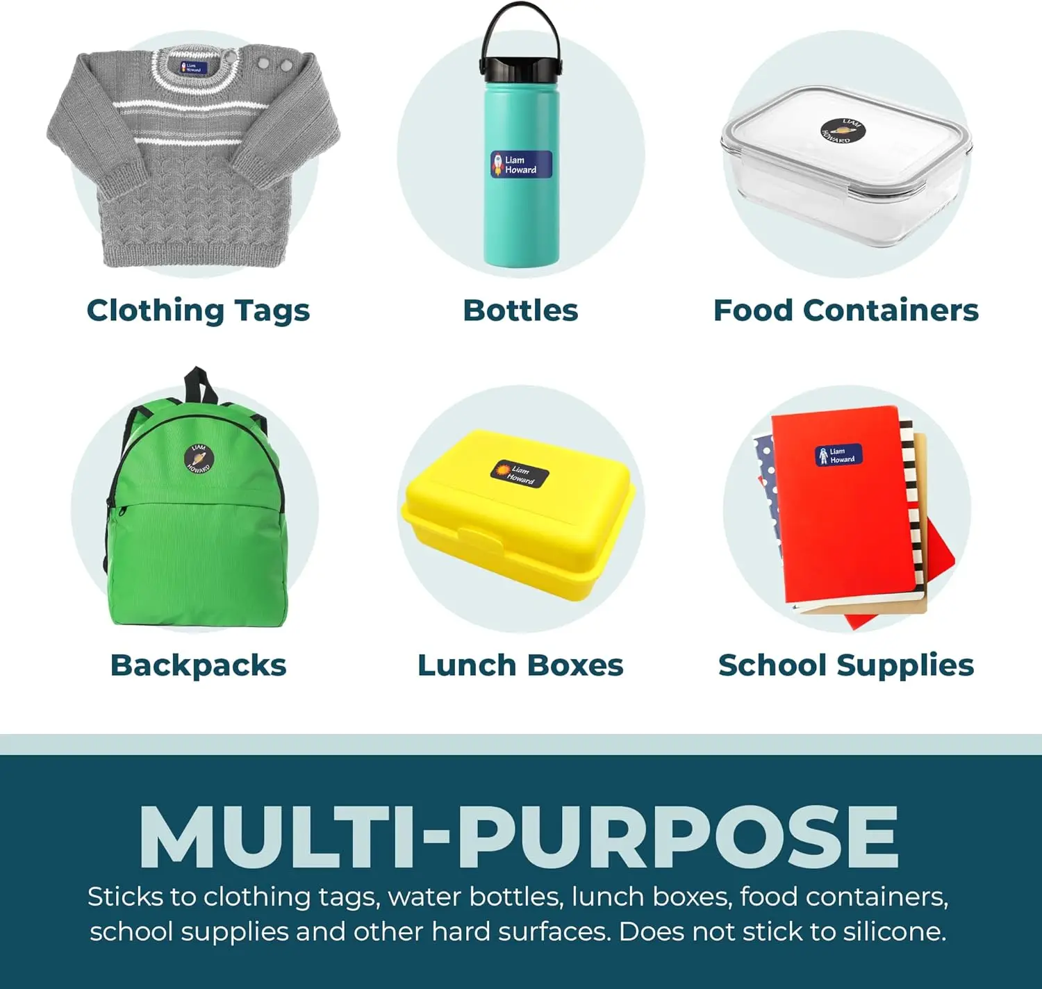 Etichette con nome personalizzato 140 pezzi 2 fogli adesivi personalizzati per vestiti, scatole per il pranzo, bottiglie, materiale scolastico per bambini, campeggio, asilo nido