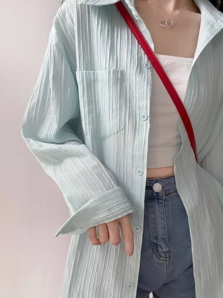 Casual Pleated Shirt For Women Summer Sun-protective Long Sleeve Solid Color Button Up shirts Ladies Daily Tops