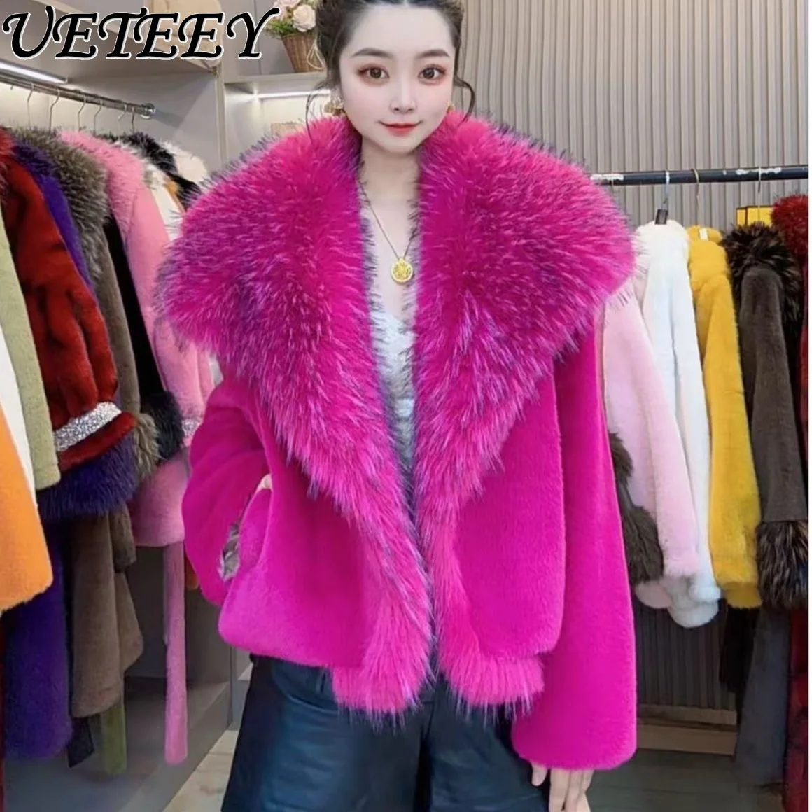 European Mink Fur Short Coat Winter New Elegant Women Versatile Slimming Large Fur Collar Loose Trendy Solid Color Faux Fur Coat