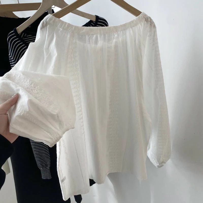 Korean O-Neck Lace Up Women Shirts Elegant Lady Embroidered Lantern Sleeve Blusas 2025 Summer Casual Loose Holiday White Blouses