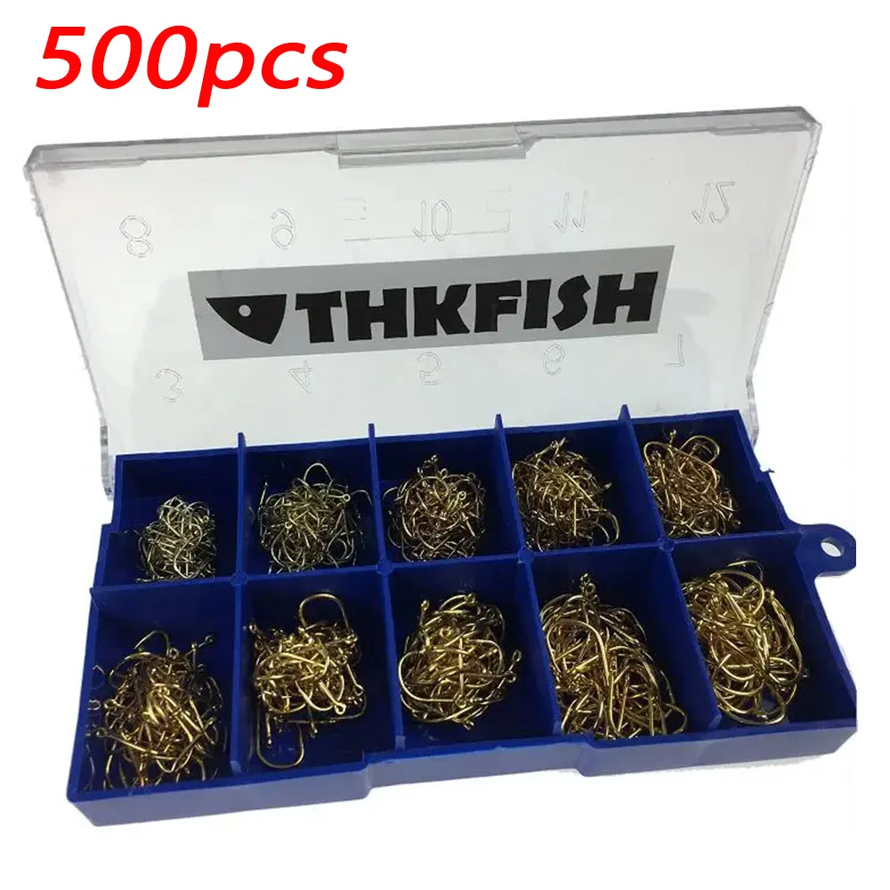 THKFISH 500pcs #3-#12 Fishing Hooks Freshwater Carbon Steel Jigging Barbed Hooks Kit Black Gold Carp Fishing Hook