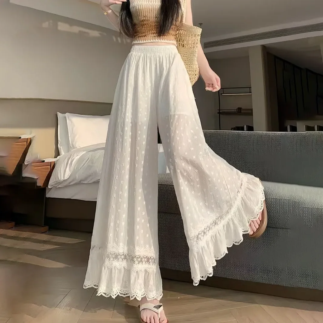 Women White Elastic High Waist Wide Leg Pants Star Embroidery Eyelet Lace Ruffle Hem Sheer Flowy Casual Beach Palazzo Trousers