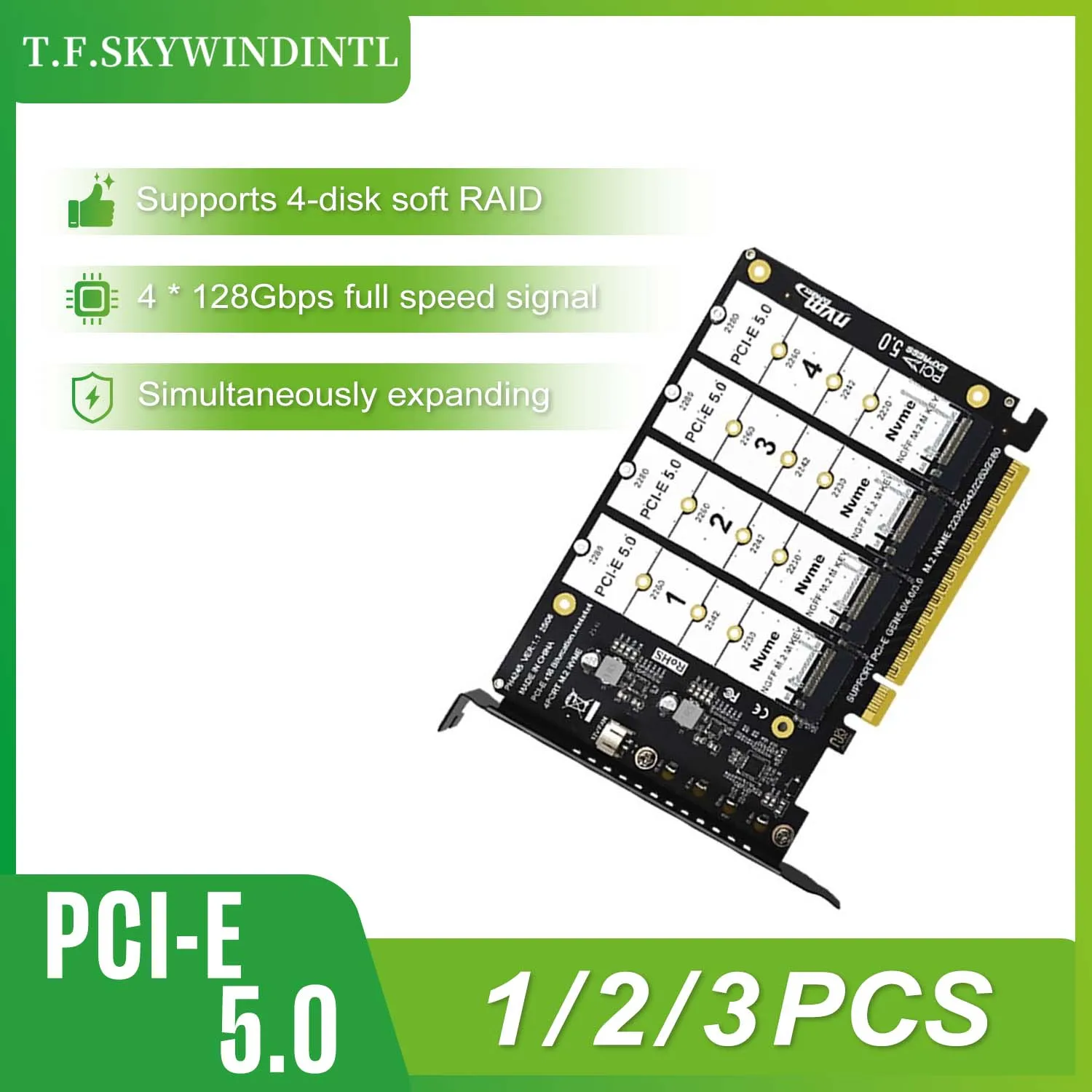 

Карта расширения PCIe 16X 5.0 с 4 портами NVMe, адаптер PCIe 5.0 X16 для NVMe M.2 M Key SSD, поддержка бифуркации 3.0/4.0/5.0