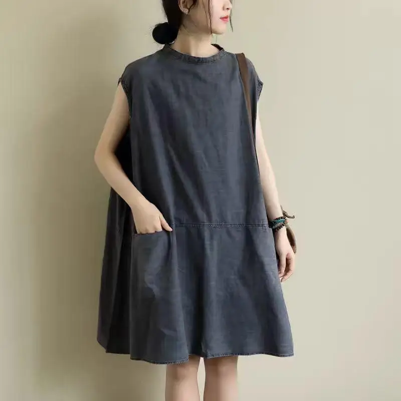 New Arrival Summer Arts Style Women Stand Collar Sleeveless Vintage Dress Patchwork Cotton Denim Knee-length A-line Dresses