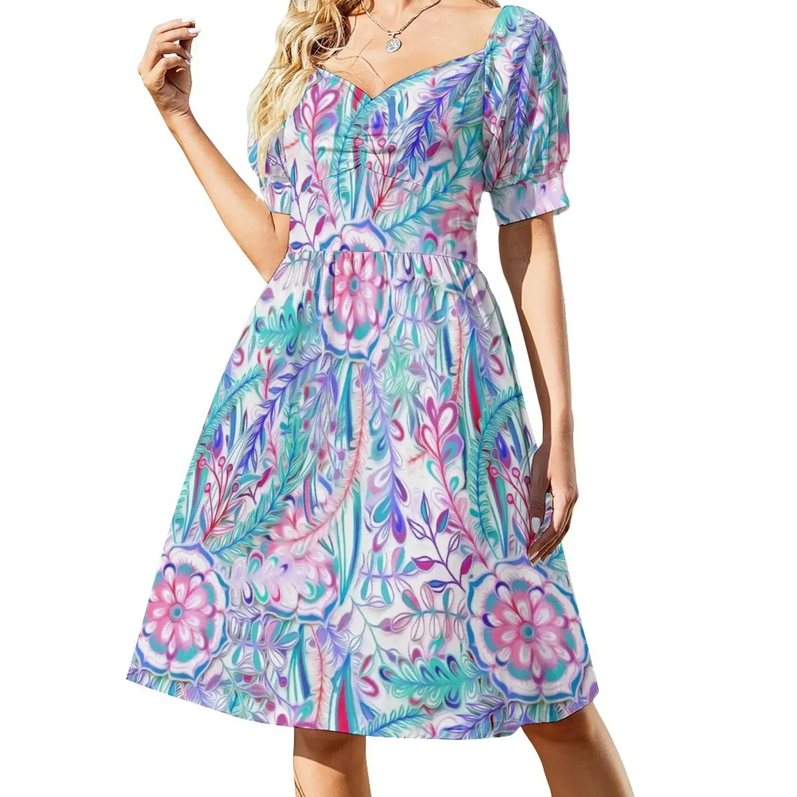 

Boho Flower Burst in Pink and Teal Short-Sleeved Dress dress women summer elegant chic women dresses promotion Dress