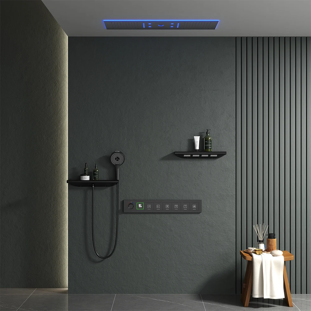

New Fashion LED Shower Mixer Set Ceiling Mounted Rain Mist Waterfall Bluetooth Shower Set Thermostatic Bathroom Smart System