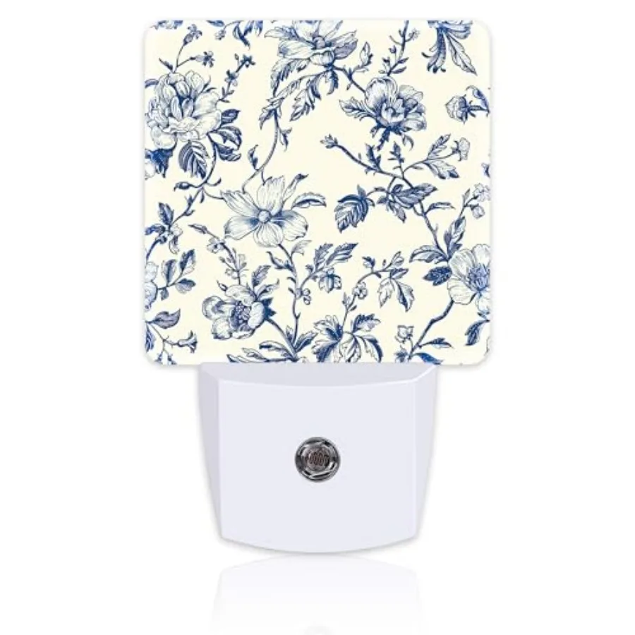 

Vintage Blue Flowers Night Light, Abstract Botanical Floral Leaves Dusk to Dawn Night Light Plug in, 0.5w Energy Saving Sleep F