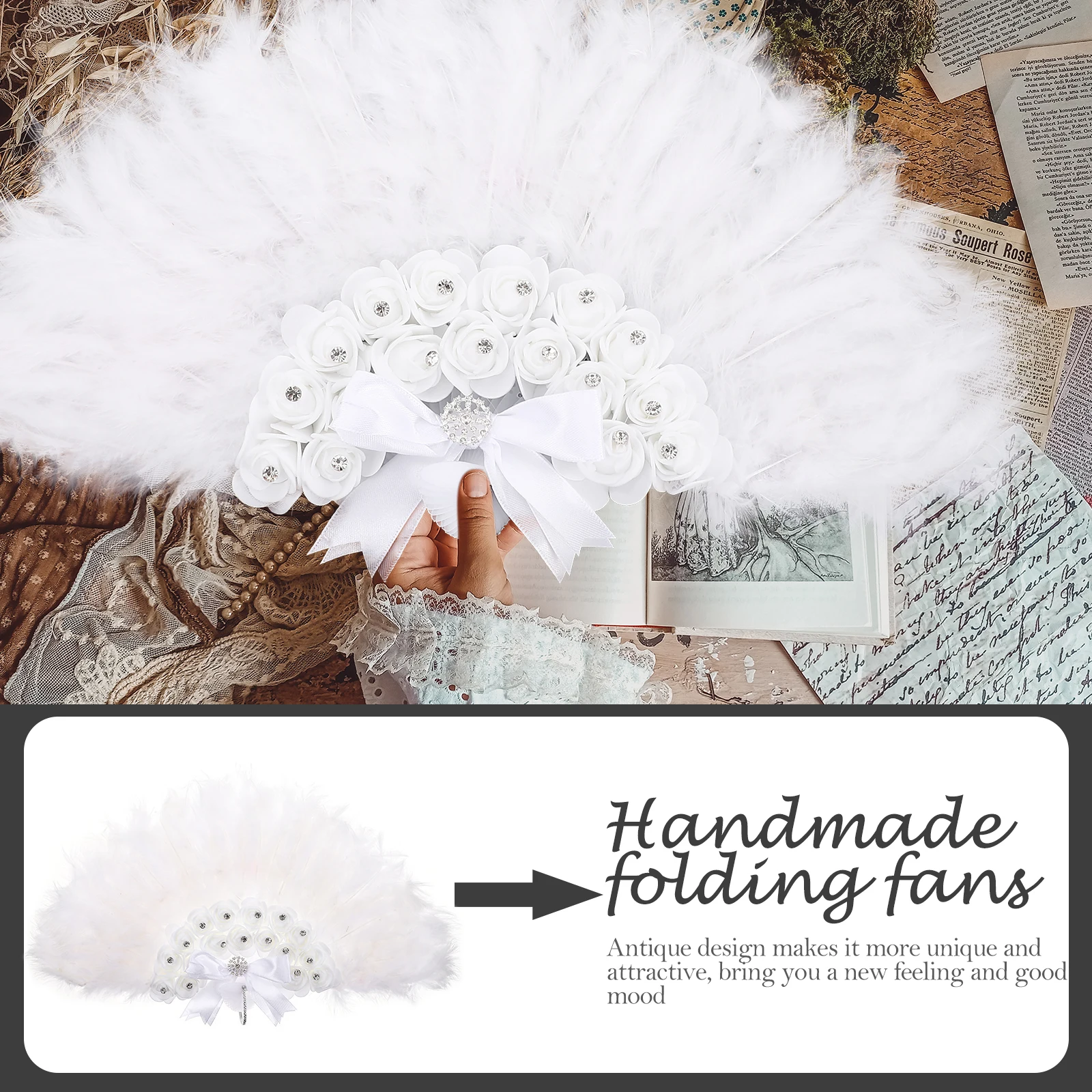 

Unique Plume Flower Folding Fans Creative Handmade Fans Elegant Wall Decorations Performance Stage Accessories